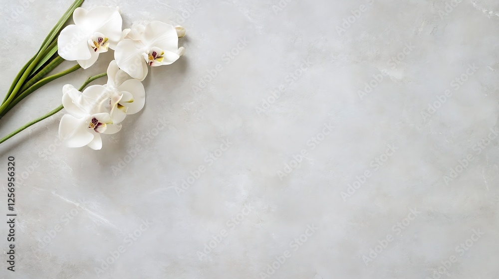 Poster Elegant white orchids arranged beautifully on a soft textured background for a serene and calming vibe : Generative AI