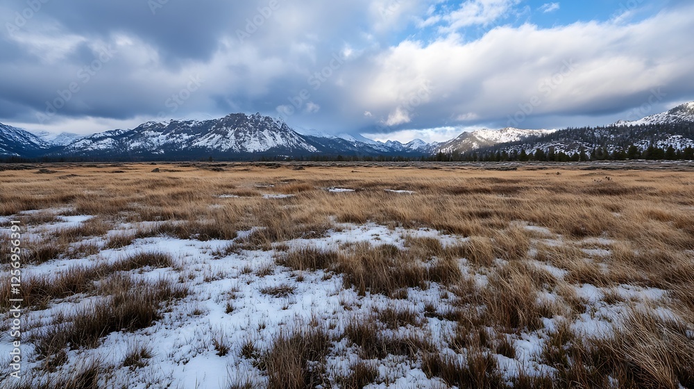 Poster Expansive view of a golden grass field covered with snow beneath a vast sky and mountains : Generative AI