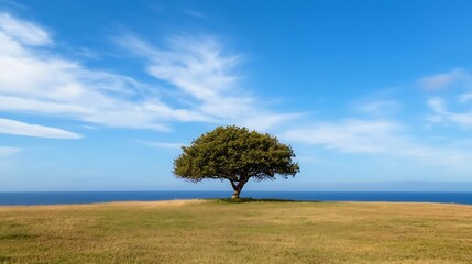 Lonely tree standing on a grassy hill against a clear sky offering tranquility and solitude : Generative AI