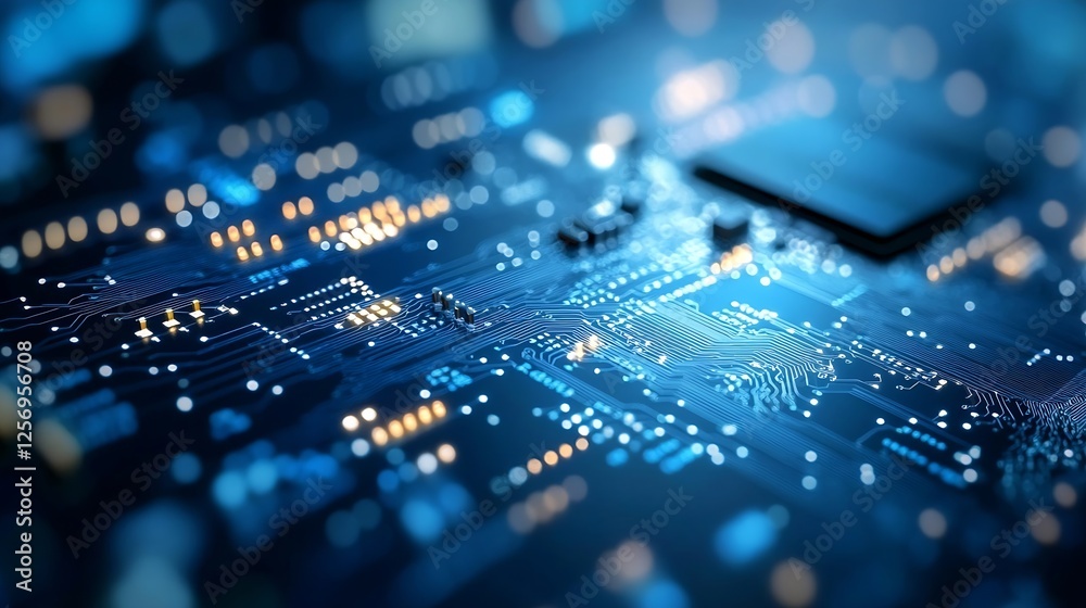 Poster Abstract view of a vibrant electronic circuit board glowing with lights representing technology and innovation : Generative AI