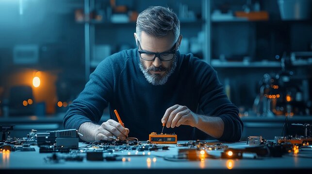 Innovative electronics repair process workshop setting technical skill enhancement indoor lab close-up perspective craftsmanship in action