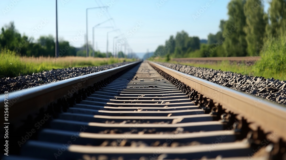 Poster a closeup view of railway tracks disappearing into the horizon under a clear blue sky : generative a