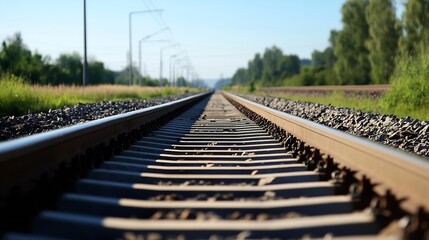 A closeup view of railway tracks disappearing into the horizon under a clear blue sky : Generative AI