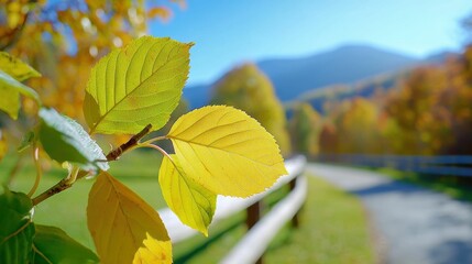 Obraz premium Autumn Leaves Near Path With Mountain Backdrop View