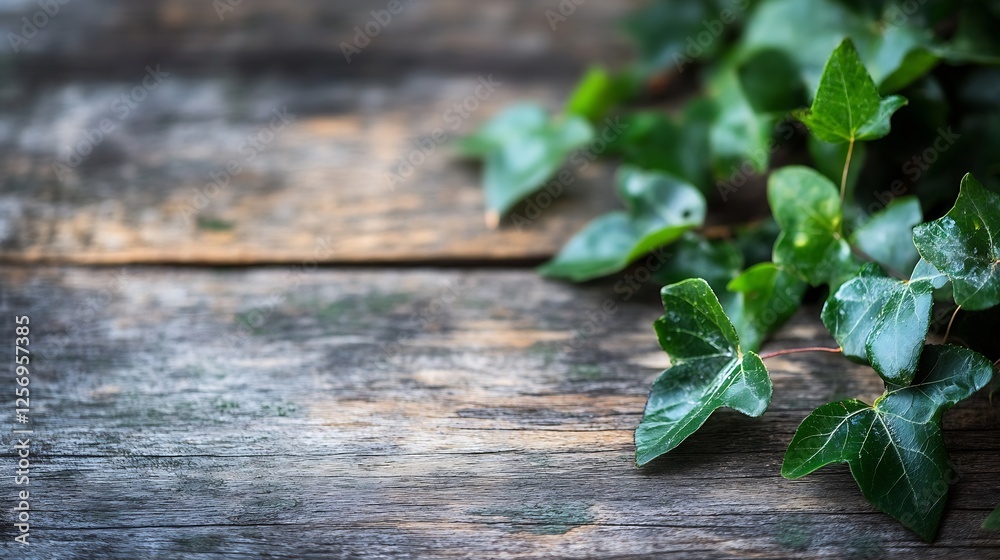 Poster Lush green ivy leaves on a rustic wooden surface creating a natural and calming ambiance : Generative AI