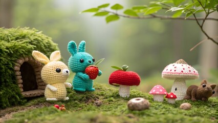 A whimsical woodland scene featuring small handmade crocheted animal figurines placed on a lush green mossy surface. Include various characters like a yellow rabbit, a teal monster, a white bunny hold
