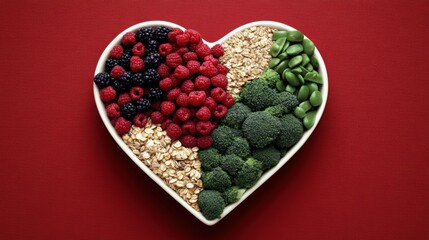 Heart shaped bowl filled with fresh fruits and vegetables on a wooden surface