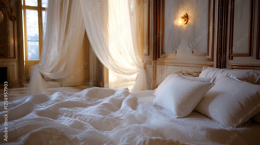 Poster luxurious bedroom interior with soft white bedding and flowing curtains creating an elegant atmosphe