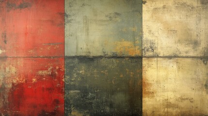 Abstract textured wall with red, green, and gold panels, showcasing weathered paint and artistic decay