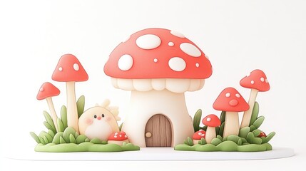 Obraz premium Whimsical mushroom house surrounded by playful mushrooms and a cute creature in a vibrant garden