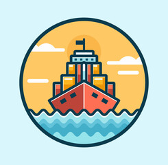 Flat vector illustration of cargo ship container in the ocean.