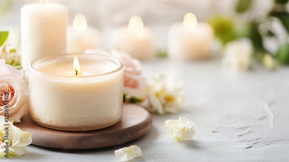 Poster Serene candle with soft warm light surrounded by delicate roses on a textured surface : Generative AI