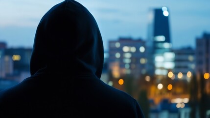 Silhouette of a hooded person overlooking a city skyline at dusk symbolizing urban solitude and contemplation : Generative AI