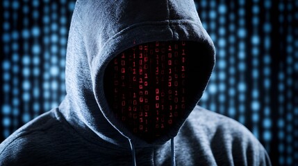 Mysterious hooded figure with binary code face representing hacking and cybersecurity threats : Generative AI