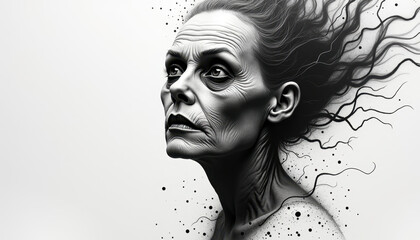 Creepy Old Woman Face Dot Art Illustration