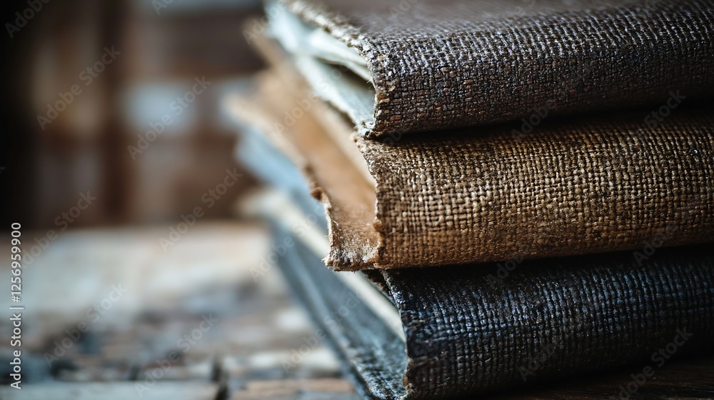 Poster artistic arrangement of vintage textured books stacked neatly on a rustic surface for literature lov