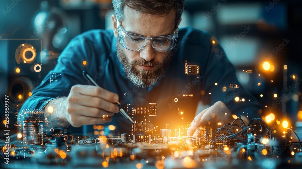 Poster innovative engineer working on circuit board high-tech lab image of precision craftsmanship modern w