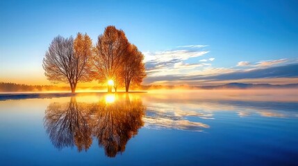 Obraz premium Serene sunrise over tranquil lake with reflections.