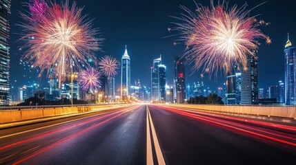 A vibrant city skyline illuminated by fireworks over a busy highway at night.