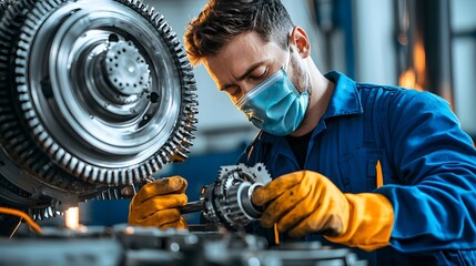 Maintenance worker replacing a wind turbine gearbox component with elegant lighting casting warm highlights on the machinery and personal protective equipment PPE