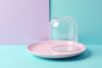 Pastel-colored plate with a clear glass dome resting on top, creating a minimalist and elegant still life scene.