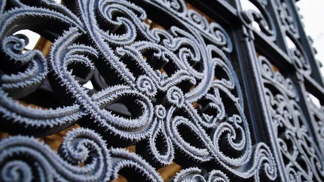 Intricate ironwork gate with detailed scrollwork and weathered texture in closeup perspective