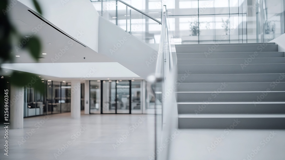 Poster minimalist interior of a business office featuring stairs and a spacious open floor plan design : ge