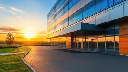 Modern Office Building Reflects Sunset's Golden Hues in Tranquil Landscape