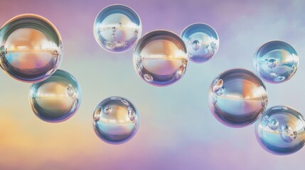 Naklejka premium Iridescent spheres float on pastel background; abstract design