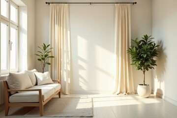 Fototapeta premium Sunlit Living Room Interior Design with Minimalist Decor and Neutral Color Palette
