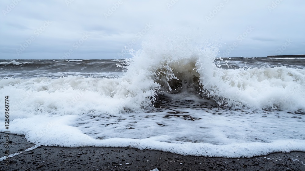 Poster powerful ocean waves crashing against the shoreline creating a dramatic coastal scene : generative a