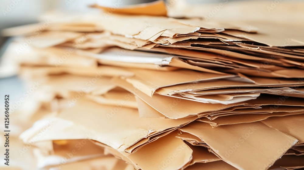 Poster Close up view of a chaotic stack of used papers symbolizing the burden of paperwork in modern offices : Generative AI