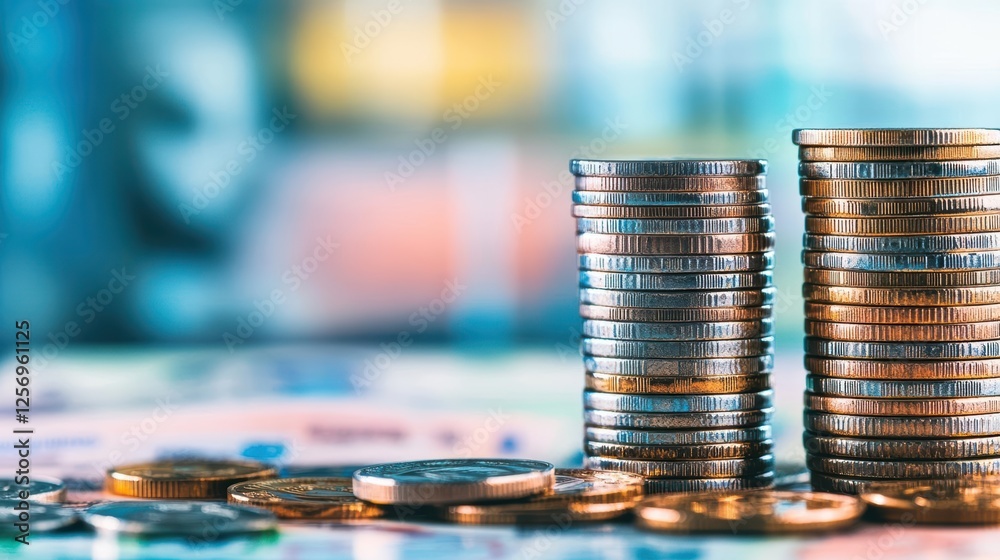 Poster Stacked coins in a close-up view showing different sizes and textures on a neutral background