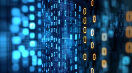 Vibrant depiction of binary code in a dark setting symbolizing advanced technology and digital transformation : Generative AI