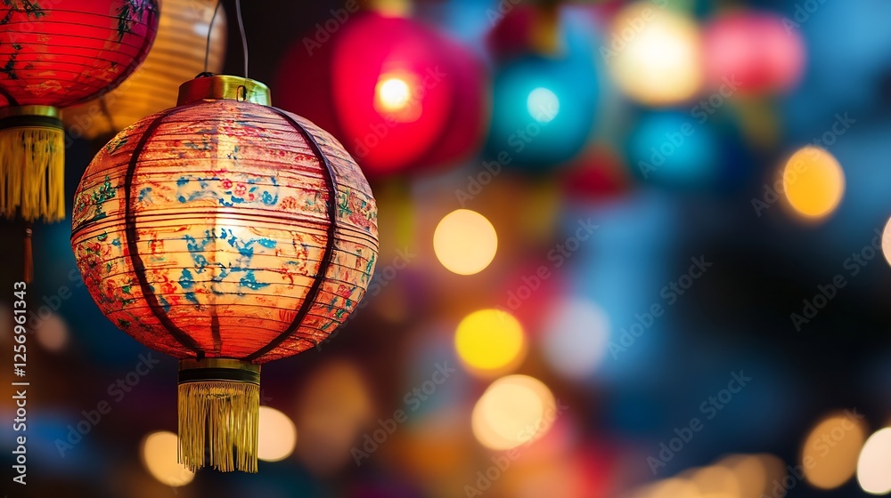 Poster Colorful traditional lanterns illuminated in soft evening light creating a festive atmosphere : Generative AI