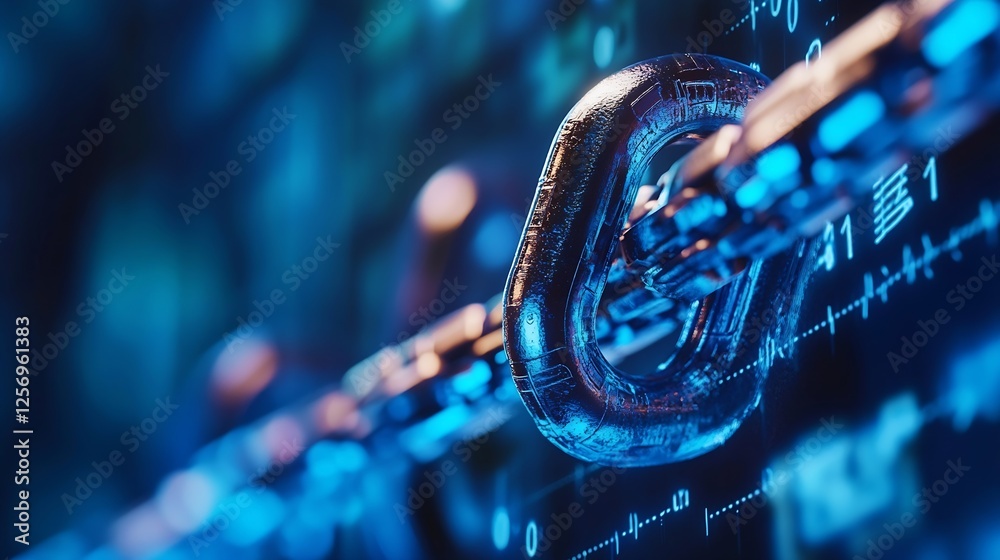 Poster Close up of a robust metal chain symbolizing strength intertwined with technology and digital elements : Generative AI
