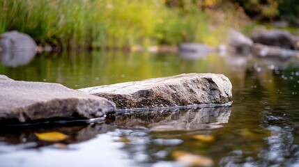 Fototapeta premium Calm reflective waters surrounded by smooth stones and lush greenery under soft light : Generative AI
