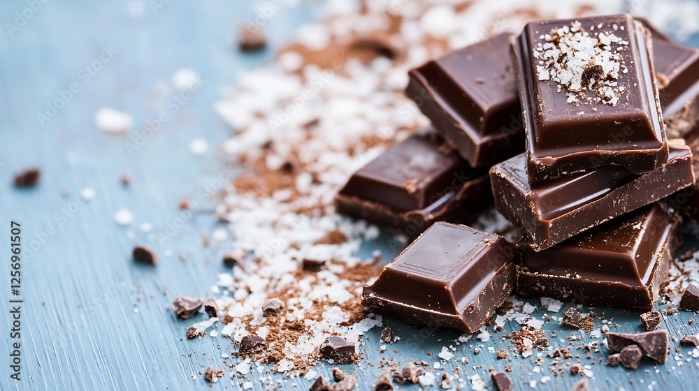 Poster Melted dark chocolate bars piled together on a colorful background creating a tempting dessert layout : Generative AI