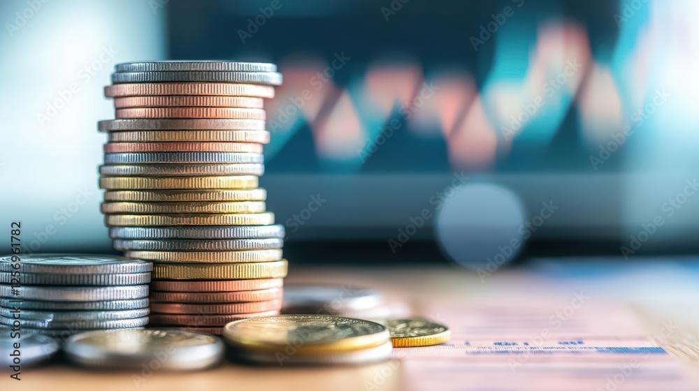 Poster stacks of coins arranged on a wooden table showcasing different denominations and sizes for financia