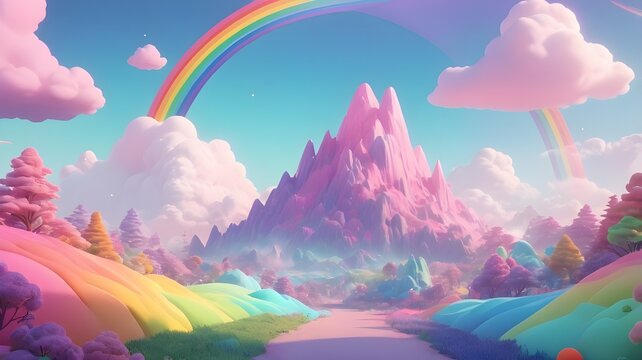 dreamy pastel fantasy landscape with a pink mountain, rainbow sky, fluffy clouds, and colorful rolling hills 3D image
