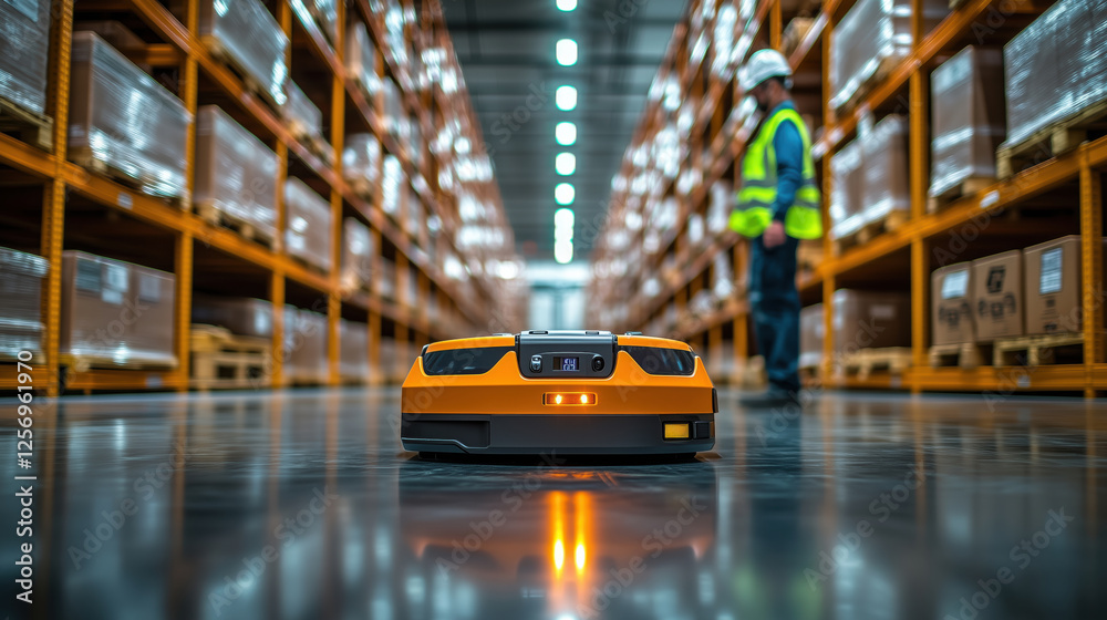 Poster advanced automated robot operates within modern warehouse, streamlining inventory management and enh