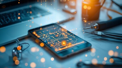 Innovative technology integration modern office workspace digital devices professional environment close-up view futuristic concept for enhanced productivity