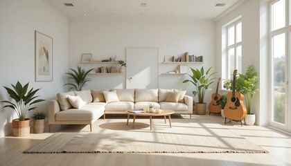 Bright and Airy Living Room with Beige Sofa, Plants, and Guitars