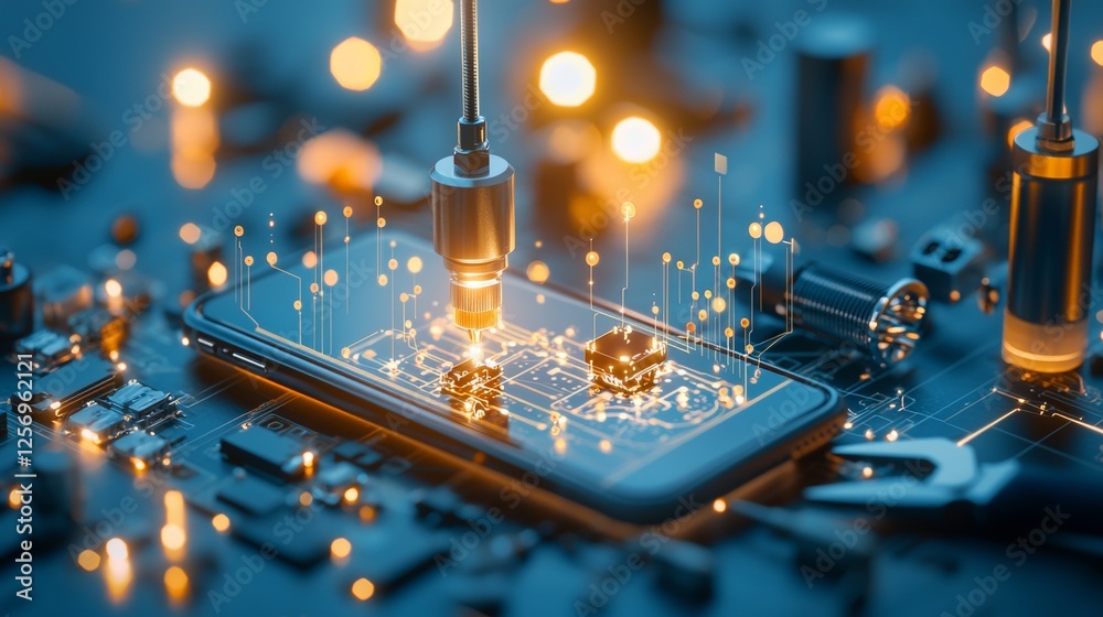 Poster emerging technology transformation electronics lab digital innovation high-tech environment close-up
