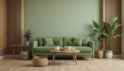 Modern Minimalist Living Room Interior Design with Green Sofa and Wooden Accents