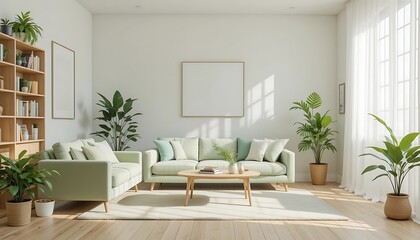 Modern Minimalist Living Room Interior Design with Light Green Sofa and Plants