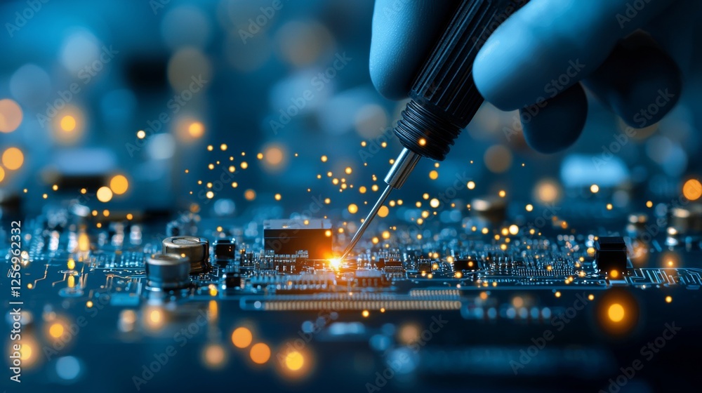Poster precision engineering in electronics circuit board assembly workshop technical process controlled en