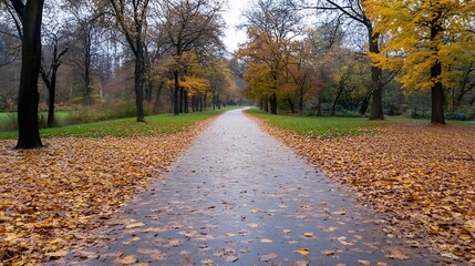 Tranquil park path lined with autumn trees and fallen leaves creating a beautiful scenery : Generative AI