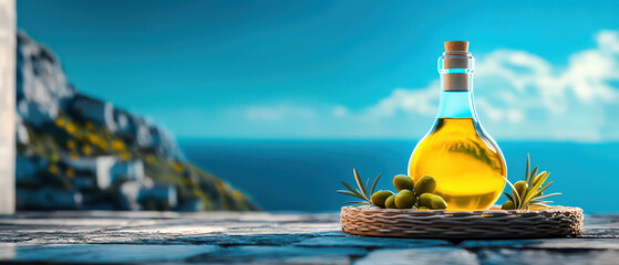 Obraz premium A vibrant bottle of olive oil sits on a woven basket, accompanied by fresh olives, with a serene ocean backdrop and a bright blue sky.