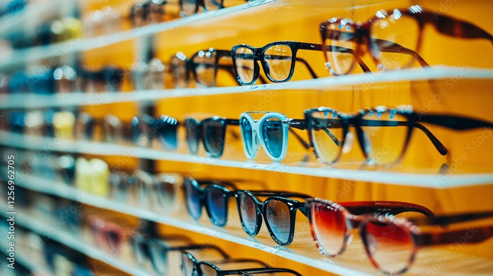 Poster Assorted sunglasses neatly displayed on shelves, inviting customers to find their ideal pair